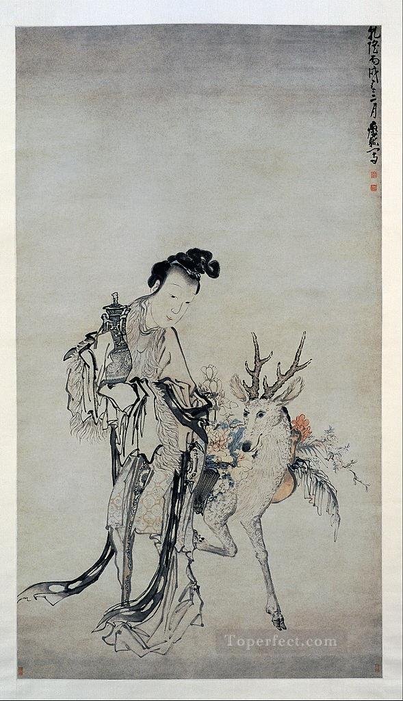 ma gu holding a vase with a deer 1766 Huang Shen traditional Chinese Oil Paintings